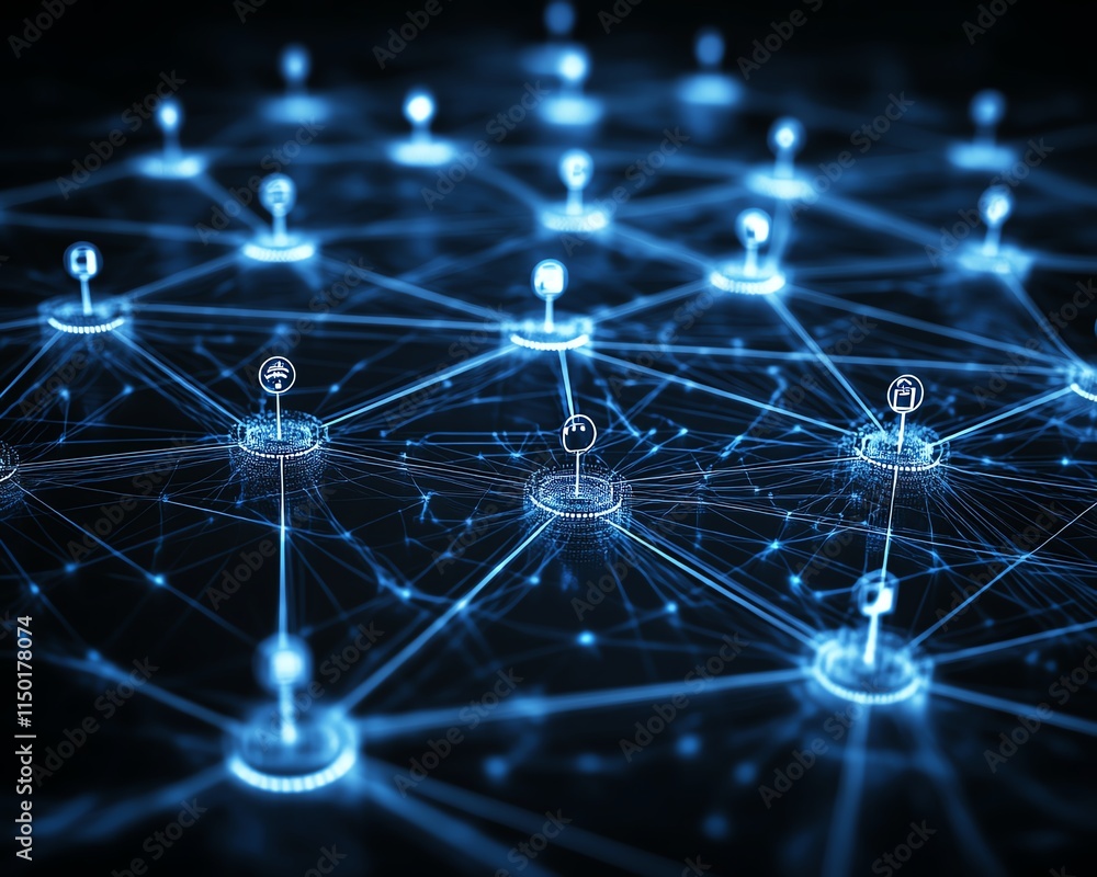 Poster digital network with various virtual interfaces and data exchange, representing technology and commu