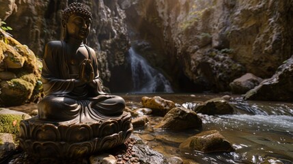 Bhumispara mudra, Buddha Gautama at the moment of enlightenment, statue in a mountain stream, Oytal Valley, Allgaeu, Bavaria, Germany, PublicGround