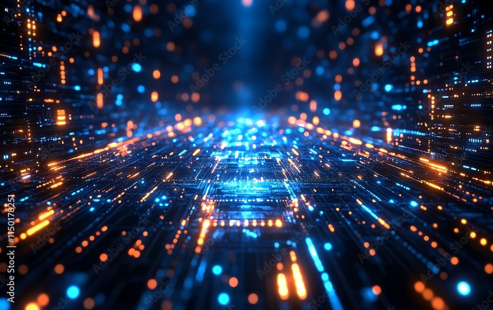 Poster digital network with virtual interfaces, data exchange, and global connectivity, showcasing the evol