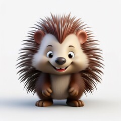 Obraz premium Adorable 3D cartoon porcupine smiling, standing on a white background, creating a cheerful and playful image