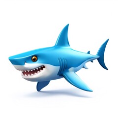 Obraz premium Cartoon blue shark grinning, baring sharp teeth, swimming energetically against pristine white backdrop
