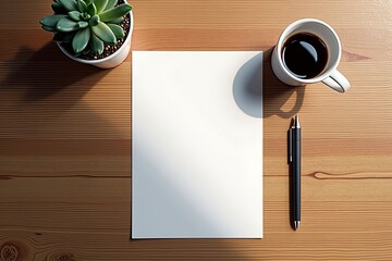 An A4 flyer mockup lies flat on a polished wooden desk, accompanied by a modern pen, a cup of black coffee, and a small potted succulent, showcasing a minimalistic and professional design