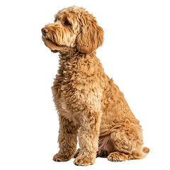 Fototapeta premium Angled view full body shot of an extremely perfect looking single Goldendoodle animal isolated on a white transparent background