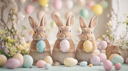 A row of three cute bunny rabbits, each holding an Easter egg, surrounded by soft pastel-colored decorations, creating a festive Easter scene.