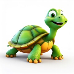 Fototapeta premium Green and orange cartoon turtle walking and smiling happily on white background, 3d render