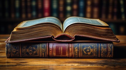 Open antique book on another book, library background.