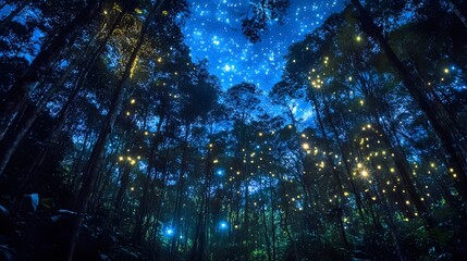 64. A tropical rainforest shimmering under a bright sky, transitioning to glowing bioluminescence in the night