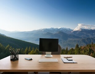 Generated image A Minimalist Workspace with a View of a Mountain Range