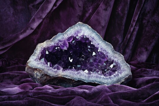 A stunning amethyst geode displays vibrant purple crystals, nestled on a rich purple velvet backdrop.