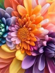 Obraz premium Close Up Vibrant Rainbow Flower Bloom - A vibrant close-up of colorful flowers, symbolizing beauty, nature, growth, joy, and serenity.