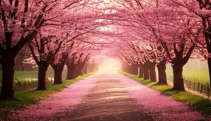 Dreamy Path Lined with Blooming Cherry Blossom Trees in Soft Pink Tones with Scattered Petals