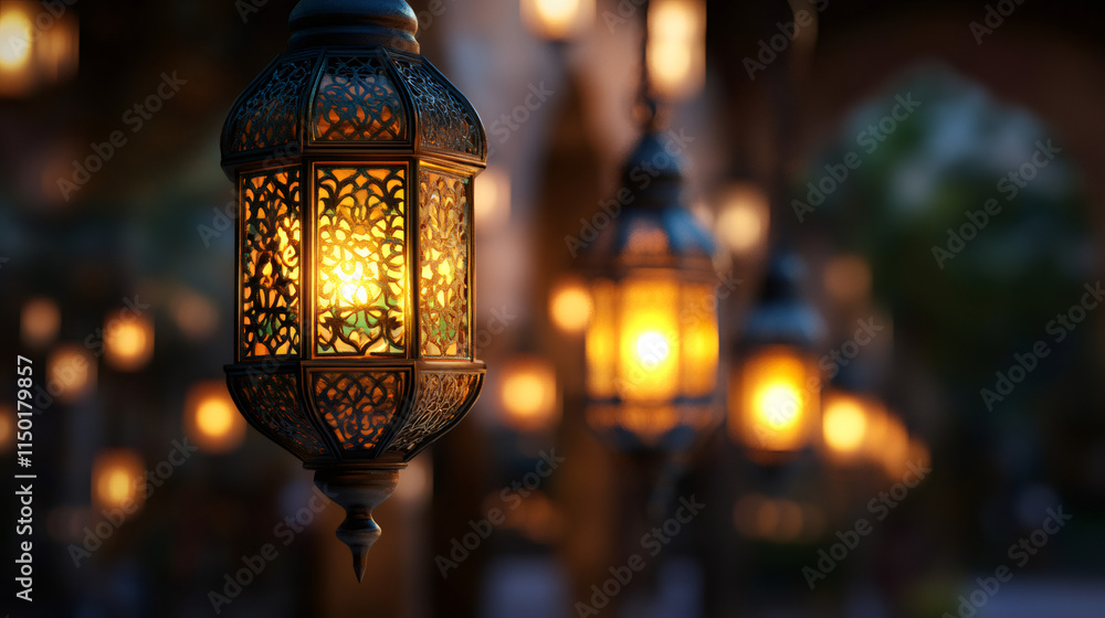 Poster metal lanterns with intricate designs casting a warm glow, creating a festive atmosphere for ramadan