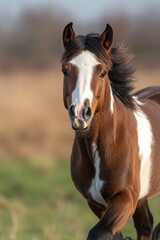 Obraz premium A brown and white horse running in a grassy field with a blurred background.