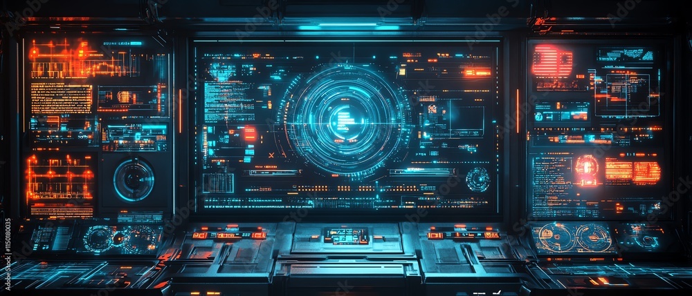 Poster hightech digital network with virtual interfaces and continuous data exchange, representing communic