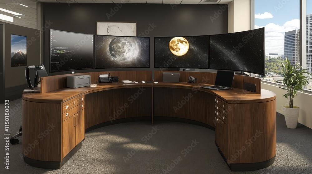 Aufkleber modern office workspace featuring multiple curved monitors displaying images of the universe, sleek 