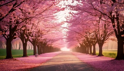 Dreamy Path Lined with Blooming Cherry Blossom Trees in Soft Pink Tones with Scattered Petals