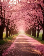 Dreamy Path Lined with Blooming Cherry Blossom Trees in Soft Pink Tones with Scattered Petals