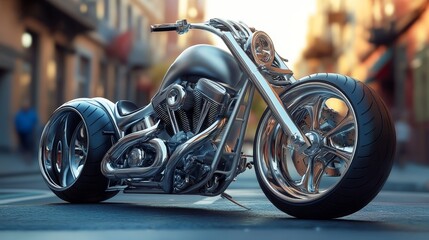 A sleek, modern motorcycle parked on a city street, showcasing its chrome details and design.