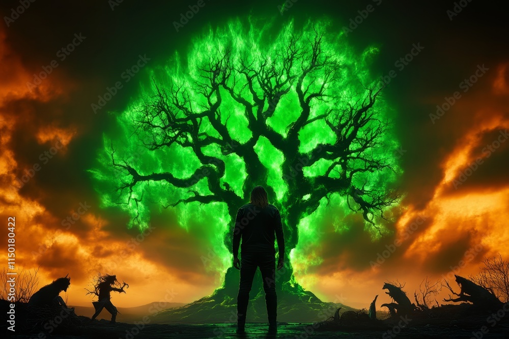 Poster a divine guardian protecting a sacred tree, glowing with an ethereal green light, with mystical crea