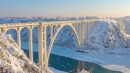 Majestic Winter Bridge  Snow Covered River  Frozen Landscape