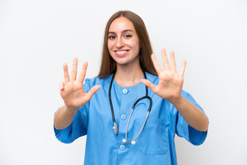 Young nurse woman over isolated on white background counting nine with fingers