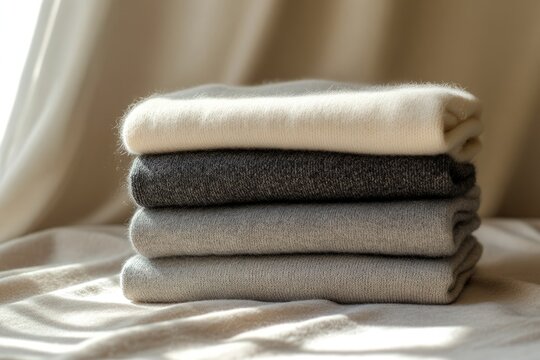 A stack of four neatly folded sweaters in various shades of gray and beige, showcasing soft textures and subtle color variations.