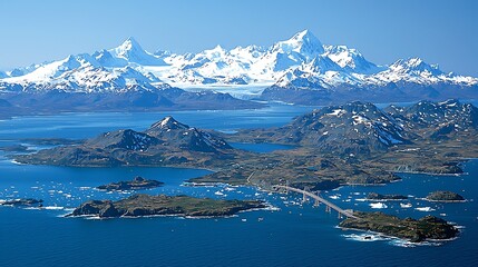 Aerial View of Bridge  Mountains  Ocean  and Icebergs