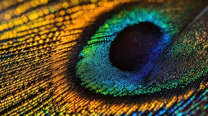 Obraz premium Vibrant close-up of a peacock feather showcasing iridescent colors.