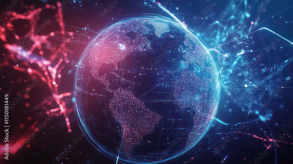 Aufkleber global network connection, digital earth with glowing lines and nodes.