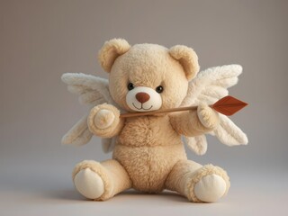 Obraz premium Plush cupid teddy bear, wings outstretched, aiming tiny arrow, heart, mascot