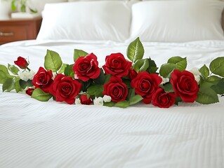 White Bedding with Red Silk Rose Arrangements Perfect for Valentine