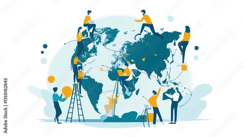 Aufkleber global business and digital organization with a team working on network connections and data exchang