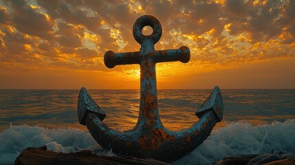 Rusted anchor on beach at sunset.