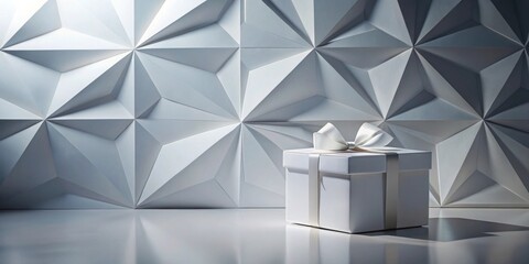 A single white gift box with a pristine satin ribbon sits against a backdrop of a textured geometric wall.