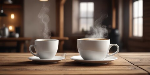 Fototapeta premium Rustic white coffee cup with steam on wooden table , flame, wood, white