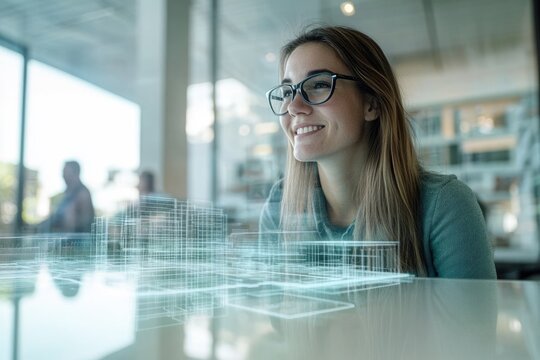 A young woman in glasses looks at a transparent 3D building model on a glass table, visualizing urban development.