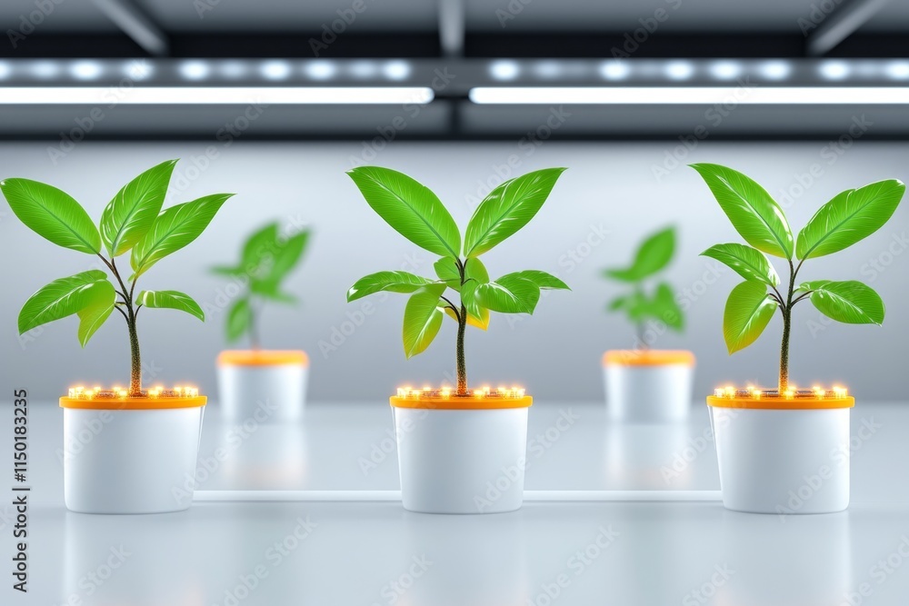Poster a flat design of a laboratory with glowing plants in test chambers, rendered with simple geometric s