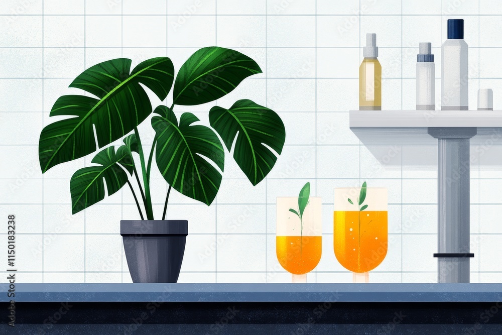 Poster A flat design of a laboratory with glowing plants in test chambers, rendered with simple geometric shapes and colors