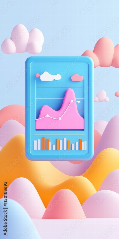 Poster a digital dashboard displaying colorful graphs and statistics against a playful landscape.