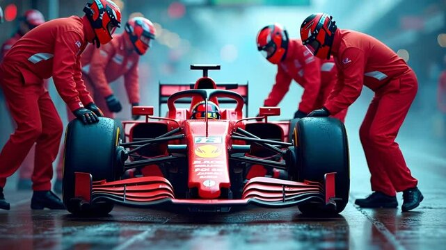 Formula 1 Race Car Pit Crew in Action During a Race