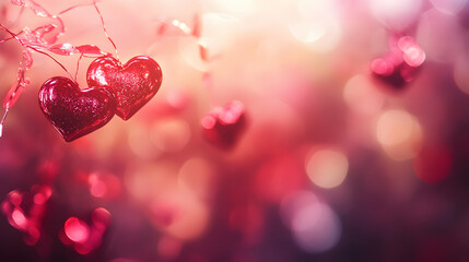Obraz premium A dreamy background featuring sparkling red hearts and soft bokeh lights.