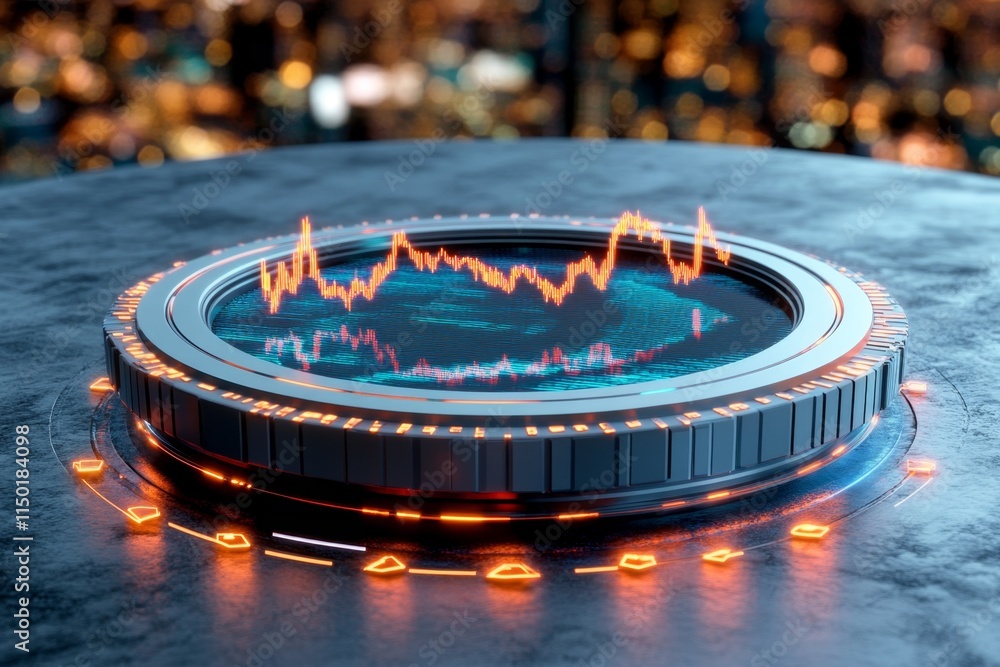 Poster A futuristic forex trading setup with holographic screens displaying currency pairs, AI-driven predictions, and glowing trends