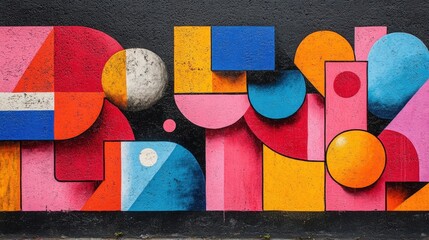 Colorful geometric abstract mural on dark wall.