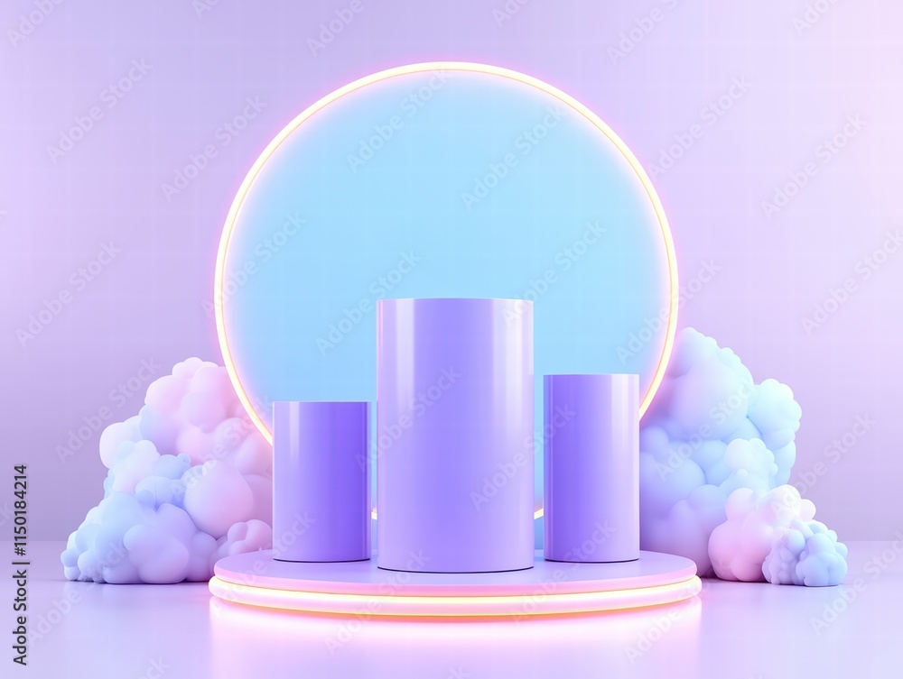 Poster a modern display platform with pastel colors and circular neon accents.