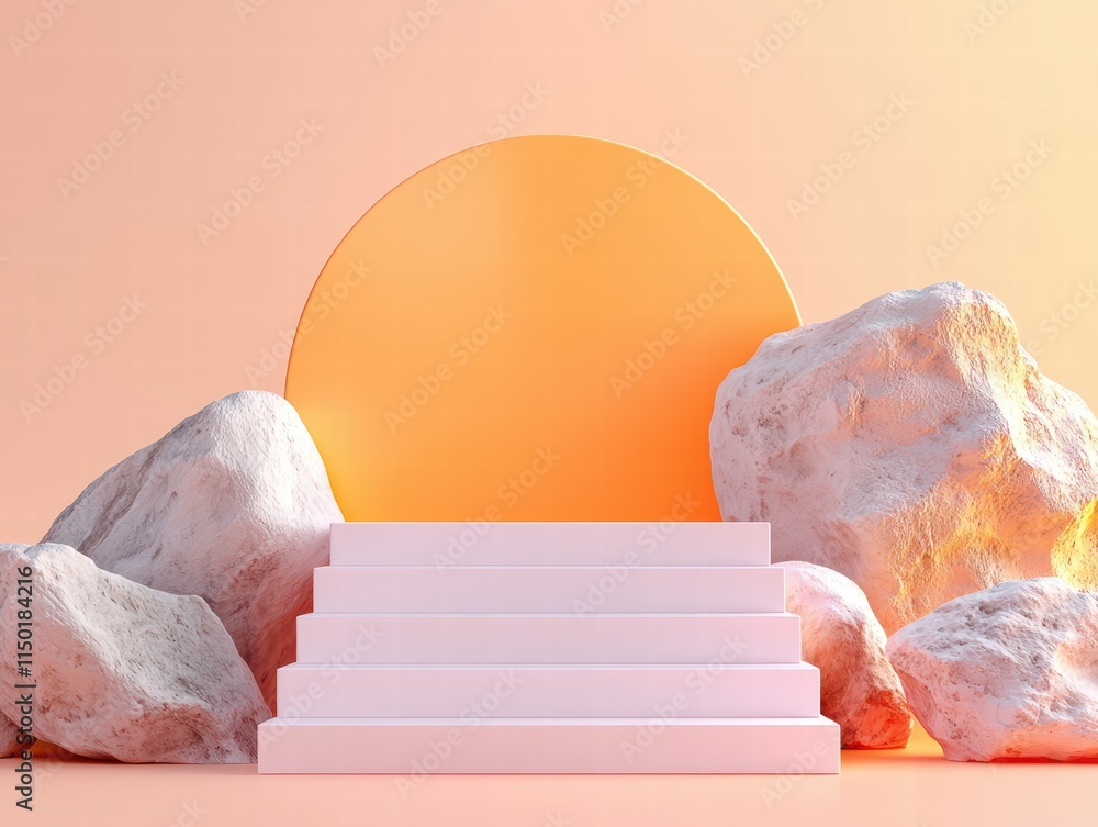 Poster a modern design featuring a circular backdrop and stylized steps amidst unique rocks.