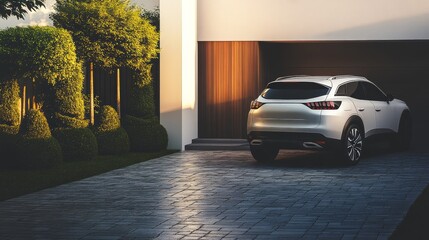 A sleek silver car parked in a modern driveway with landscaped greenery.