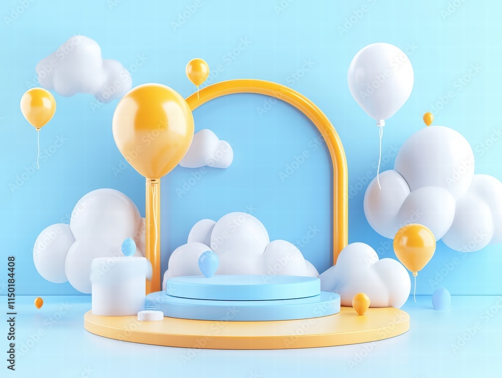 Poster a playful setup with colorful balloons and clouds in a cheerful blue background.