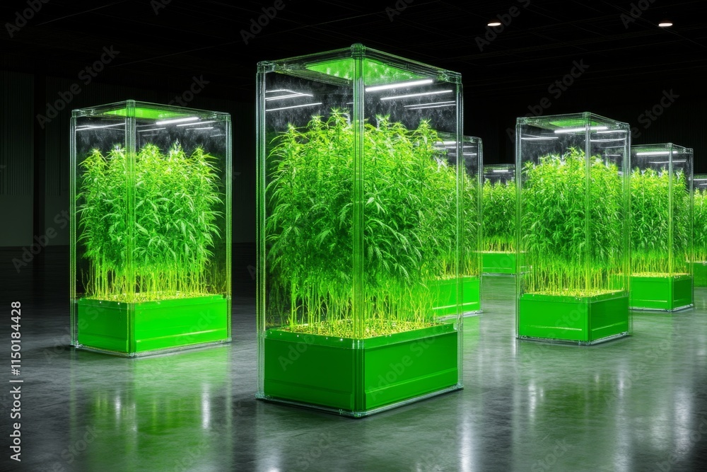 Poster A futuristic lab featuring transparent chambers where GMO crops are growing under controlled conditions with LED lighting
