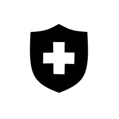 Vector solid icons defense shield. Protective symbol, safety and security of home, plants, mail from viruses and different troubles. Medieval shield and sword, coat of arms. Silhouette black set