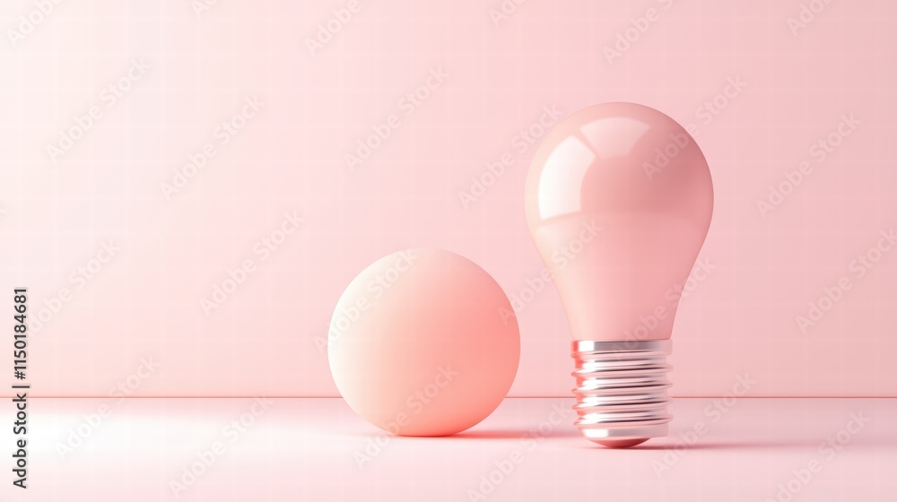 Poster a soft pink light bulb and spherical object on a pastel background for design aesthetics.